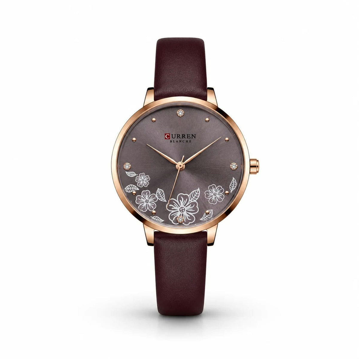 Curren Dark Red Rose Gold Grey Floral Dial Women Watch Front View Lebanon - ChronoVault
