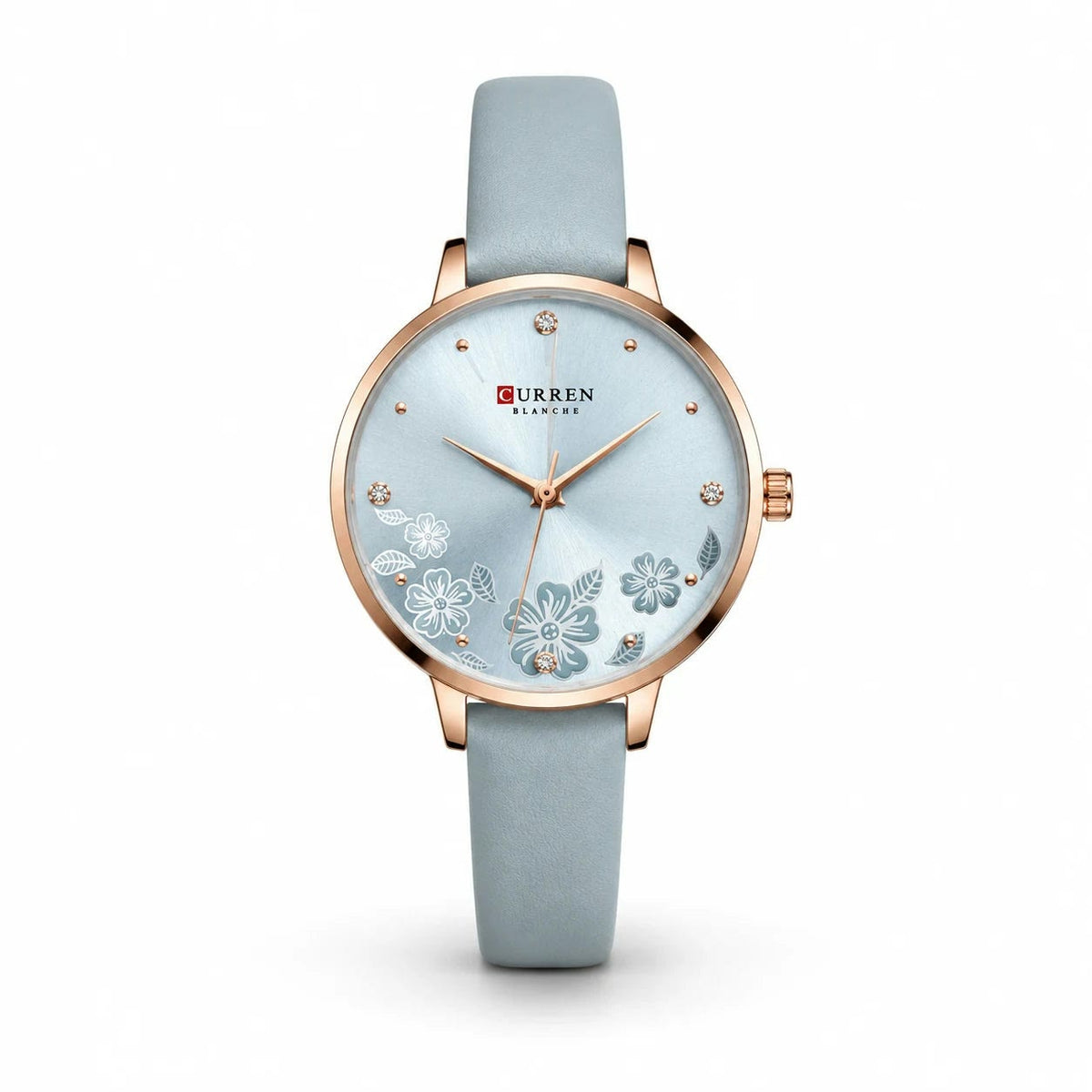 Curren Light Blue Rose Gold Floral Dial Women Watch Front View Lebanon - ChronoVault