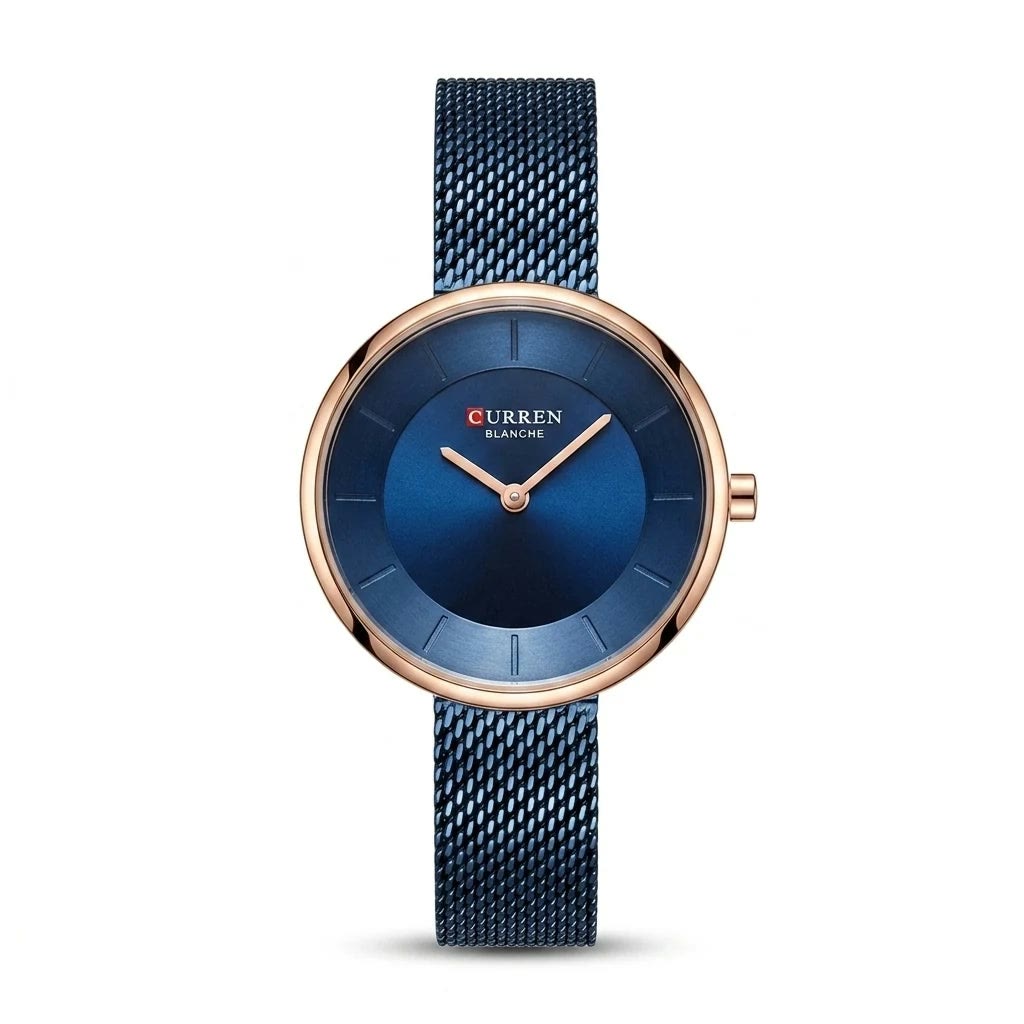 Curren Navy Blue Mesh Rose Gold Minimalist Women Watch Front View Lebanon - ChronoVault