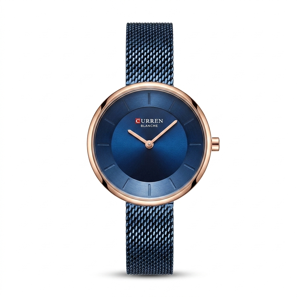 Curren Navy Blue Mesh Rose Gold Minimalist Women Watch Front View Lebanon - ChronoVault