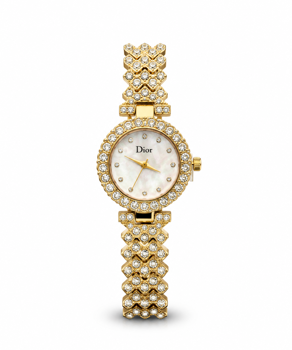 Dior women's watch Lebanon - petite gold round case with diamond bezel, white mother-of-pearl dial with crystal markers, diamond-set geometric lattice gold bracelet