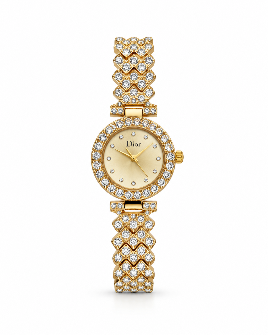 Dior women's watch Lebanon - petite gold round case with diamond bezel, gold sunray dial with crystal markers, diamond-set geometric lattice gold bracelet