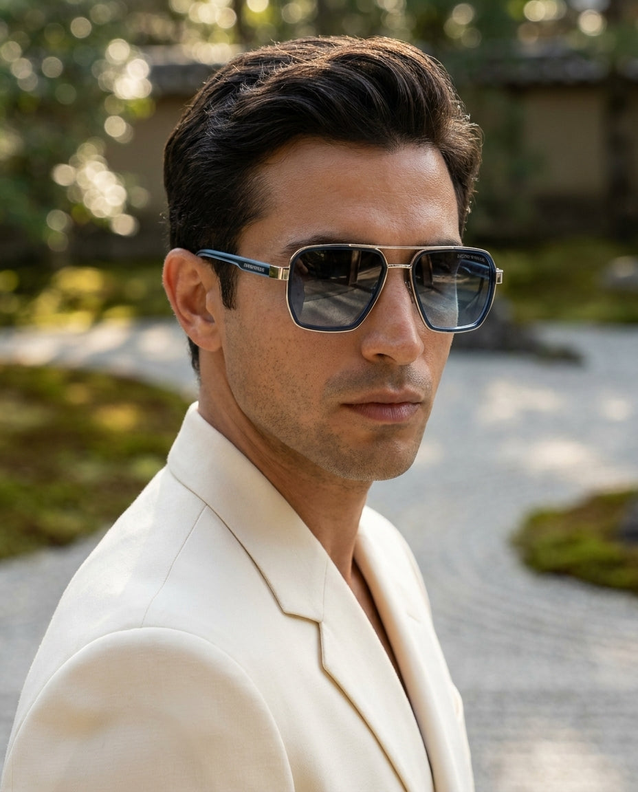 Emporio Armani EA4128 – Silver Blue Gradient sunglasses on male model – ChronoVault Lebanon