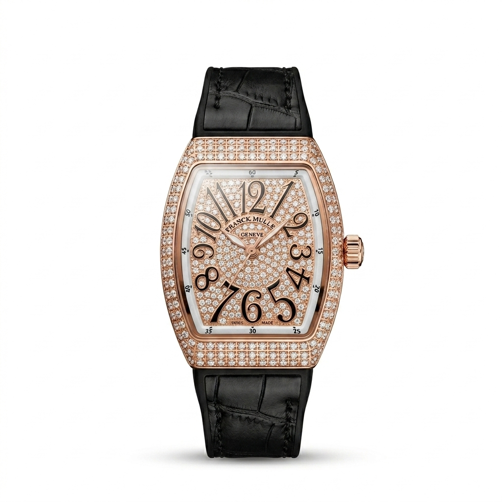 Franck Muller Vanguard Rose Gold Diamond Pavé Black Leather Women Watch Front View Lebanon - ChronoVault