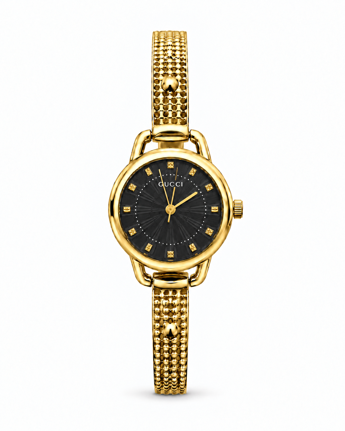 Gucci women's watch Lebanon - petite gold-tone round case, black sunray dial with crystal markers, slim beaded gold-tone chain bracelet
