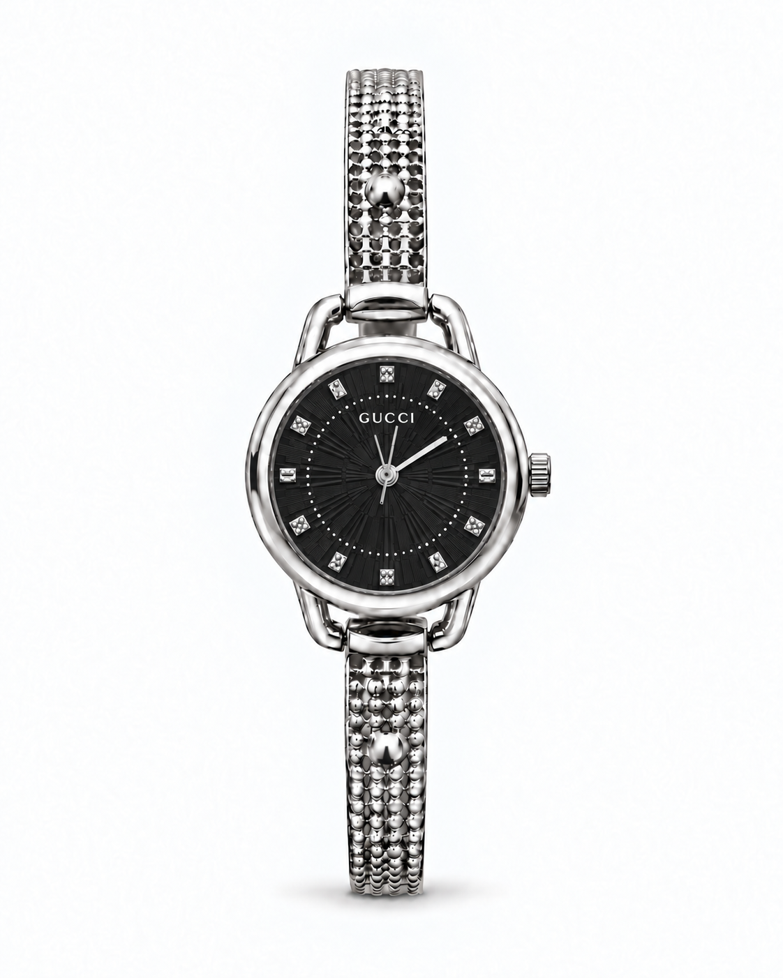 Gucci women's watch Lebanon - petite silver-tone round case, black sunray dial with crystal markers, slim beaded silver-tone chain bracelet