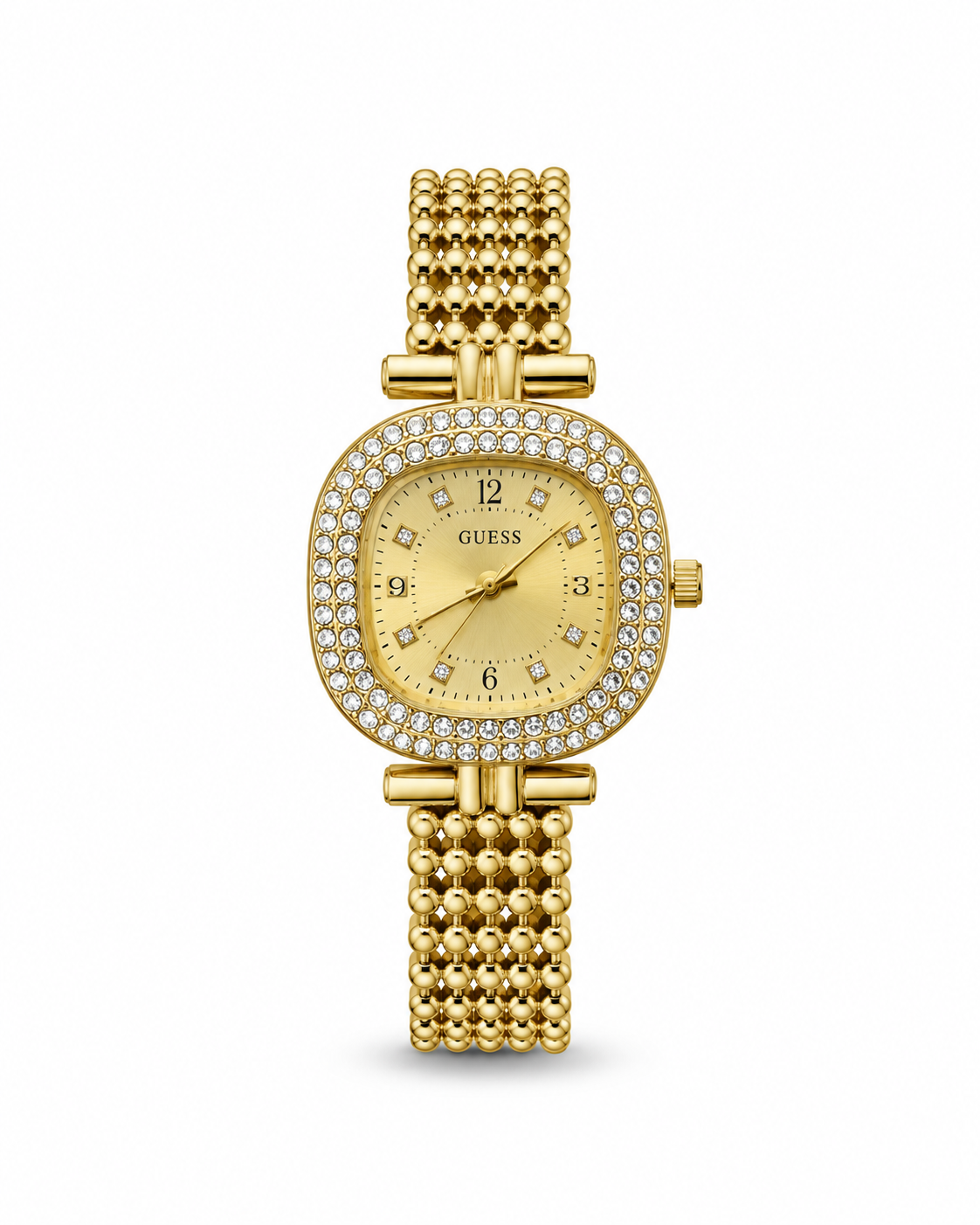 Guess women's watch Lebanon - gold-tone cushion case with double crystal bezel, champagne sunray dial with crystal markers, beaded gold ball-chain bracelet