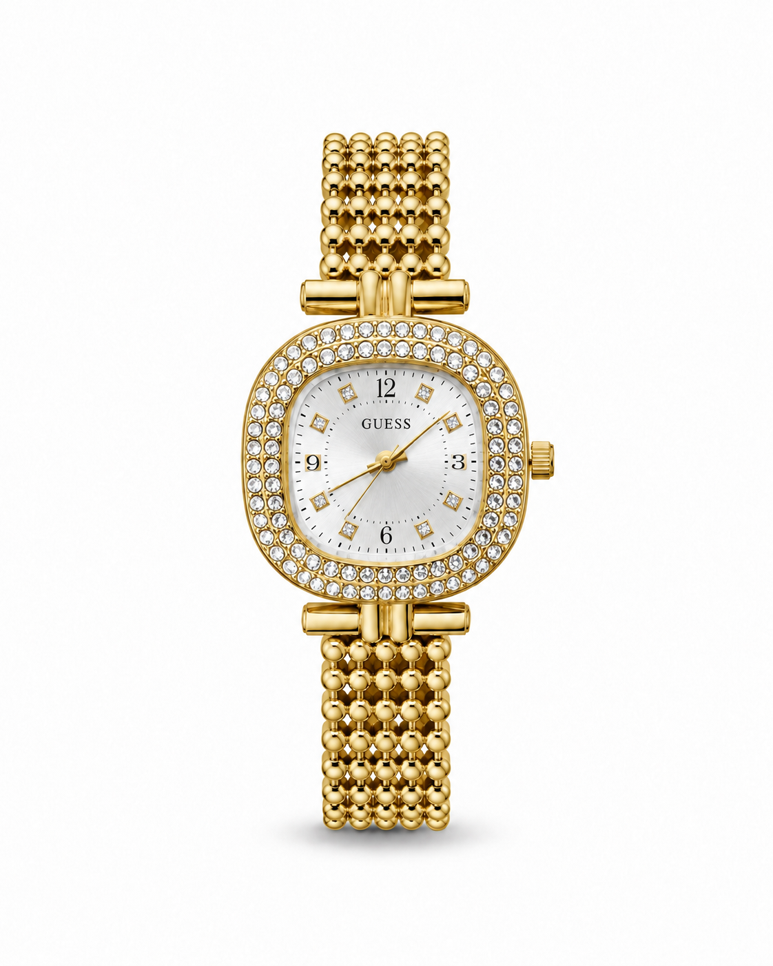 Guess women's watch Lebanon - gold-tone cushion case with double crystal bezel, silver sunray dial with crystal markers, beaded gold ball-chain bracelet
