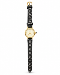 Louis Vuitton mini women's watch Lebanon - petite round gold case, cream dial with gold accents, black monogram leather strap with gold buckle