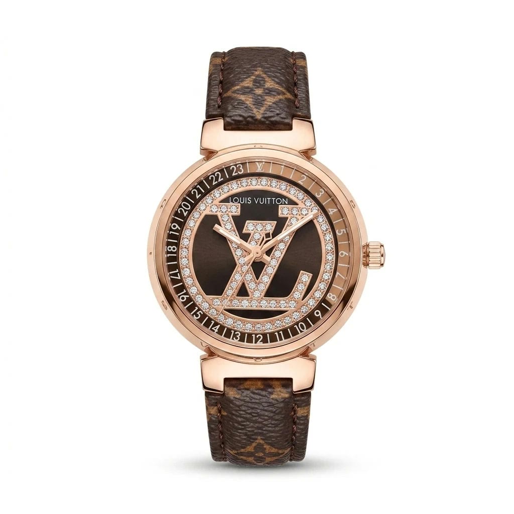 Louis Vuitton Tambour Rose Gold Brown Monogram Diamond Women Watch Front View Lebanon - ChronoVault