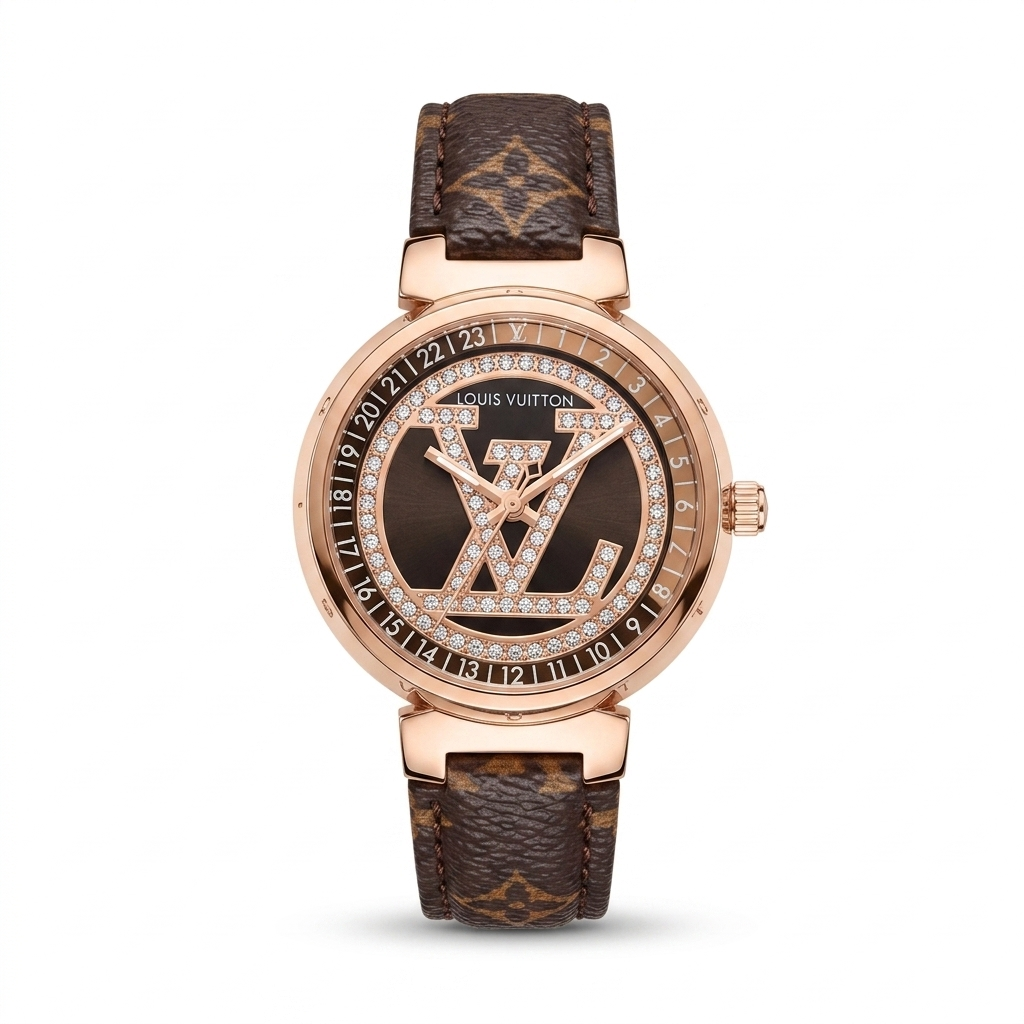 Louis Vuitton Tambour Rose Gold Brown Monogram Diamond Women Watch Front View Lebanon - ChronoVault