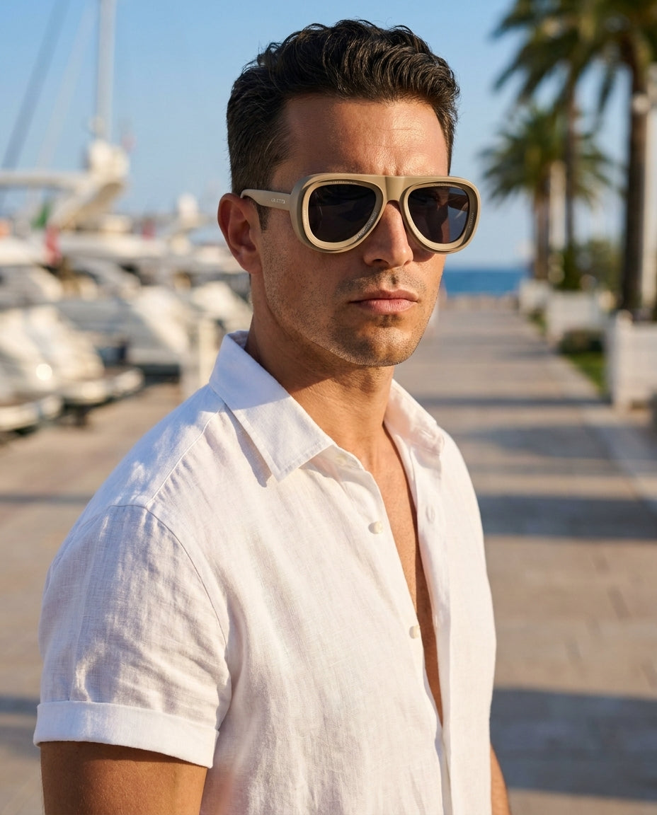 LV Pilot – Matte Beige sunglasses on male model – ChronoVault Lebanon