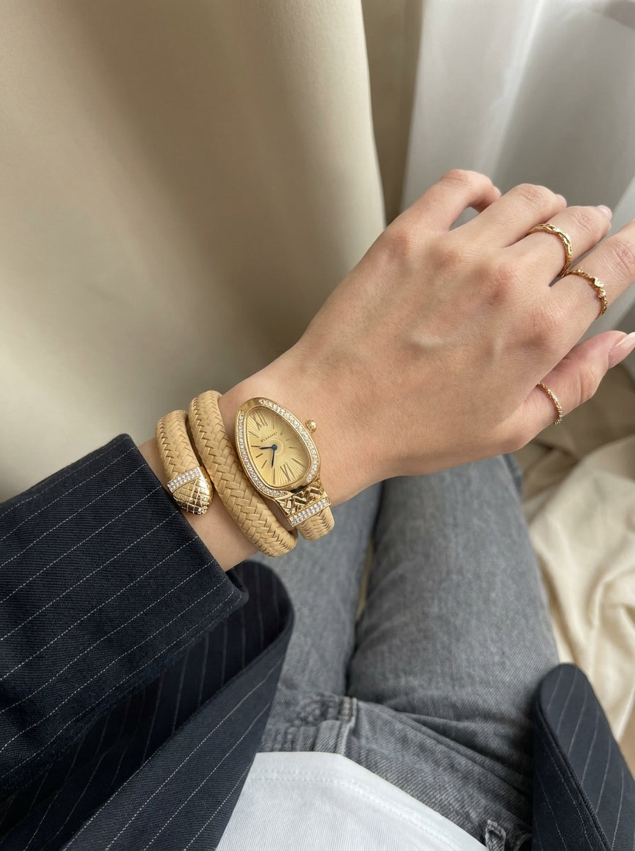 Bvlgari Serpenti Leather Wrap — Gold Women's Watch worn on model wrist Lebanon - ChronoVault