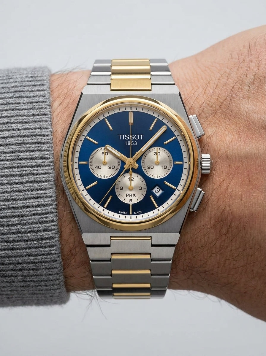 Tissot PRX Chronograph Two-Tone Gold & Steel Blue Dial Men's Watch worn on model wrist Lebanon - ChronoVault