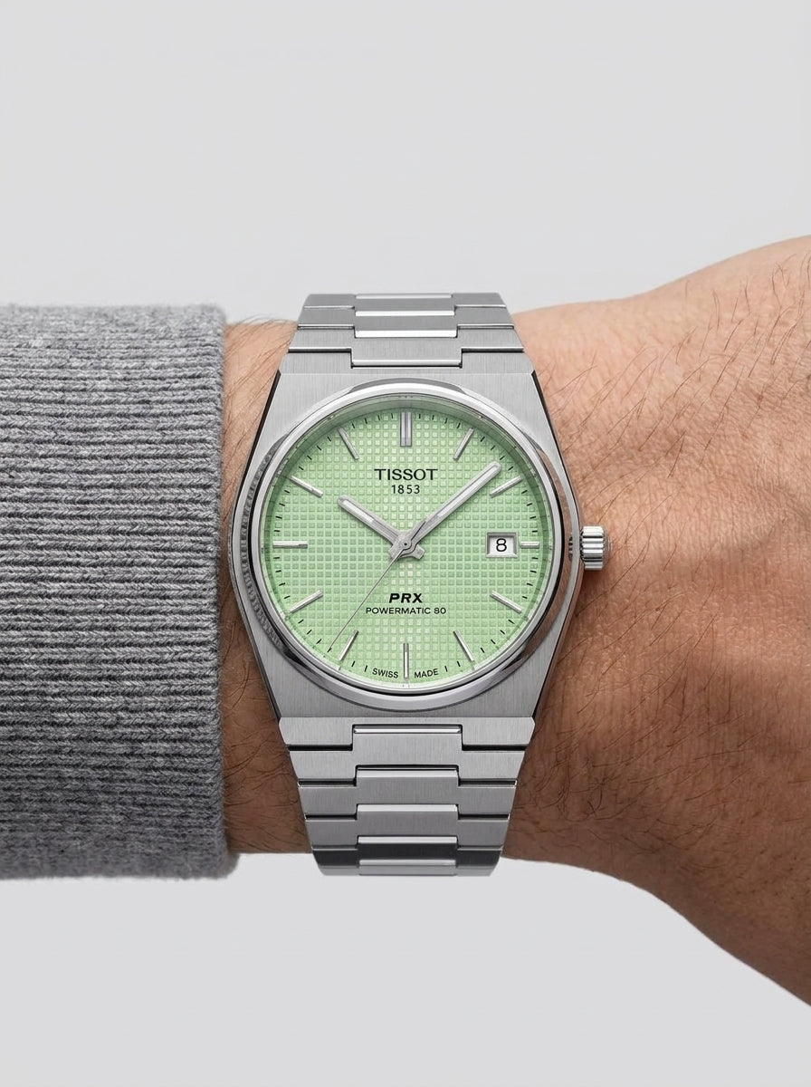 Tissot PRX Powermatic 80 - Silver Mint Men's Watch worn on model wrist Lebanon - ChronoVault