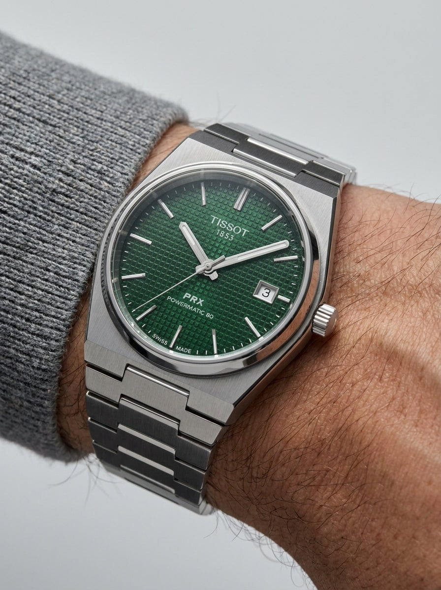 Tissot PRX Powermatic 80 - Silver Olive Men's Watch worn on model wrist Lebanon - ChronoVault