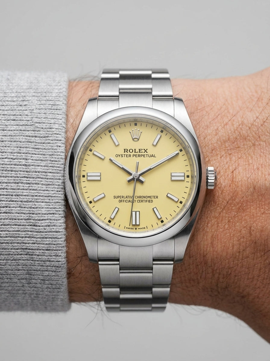 Rolex Oyster Perpetual Steel Yellow Dial Men's Watch worn on model wrist Lebanon - ChronoVault