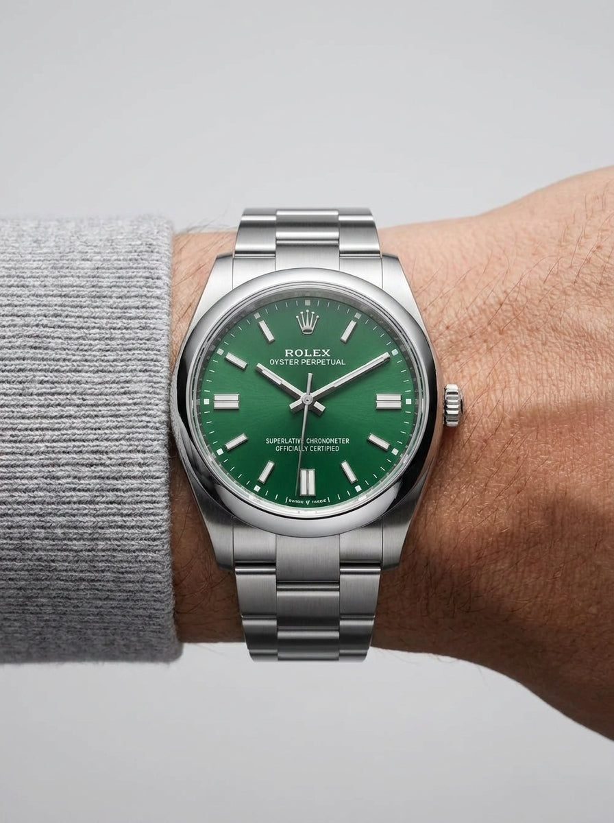 Rolex Oyster Perpetual Steel Green Dial Men's Watch worn on model wrist Lebanon - ChronoVault