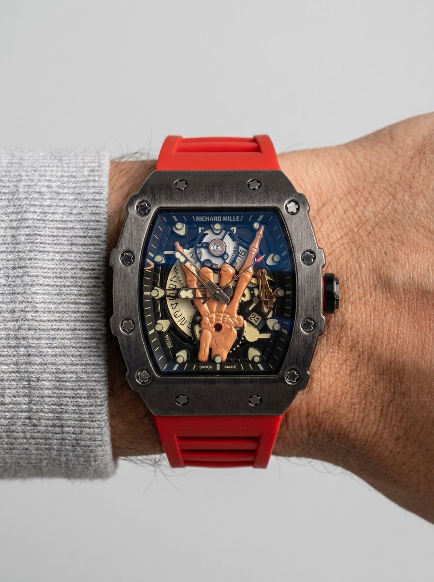 Richard Mille RM66 Horns Skeleton Black Titanium Red Strap Men's Watch worn on model wrist Lebanon - ChronoVault