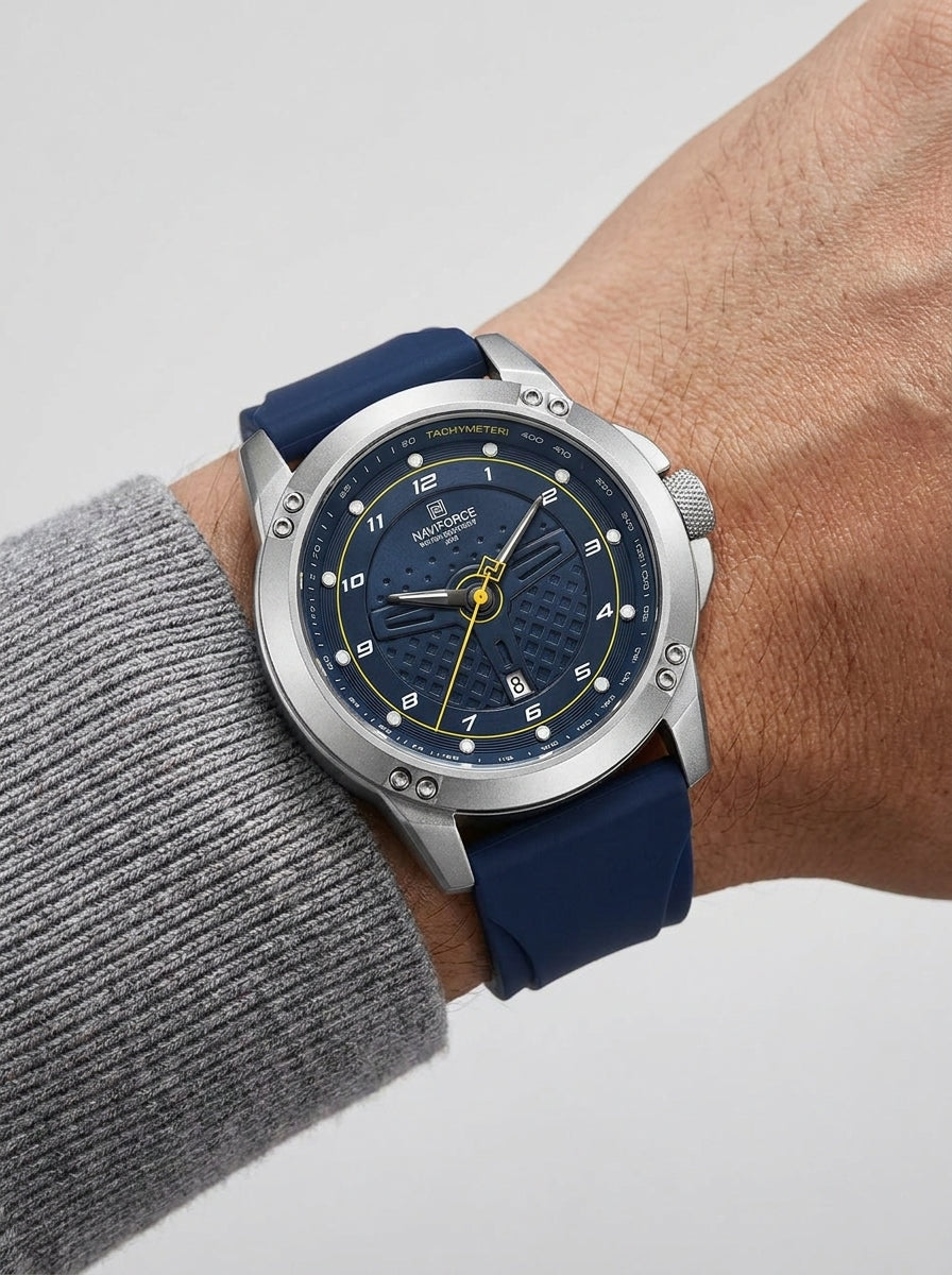 Naviforce Sport Watch - Silver Case, Navy Blue Rubber Strap with Tachymeter & Date worn on model wrist Lebanon - ChronoVault