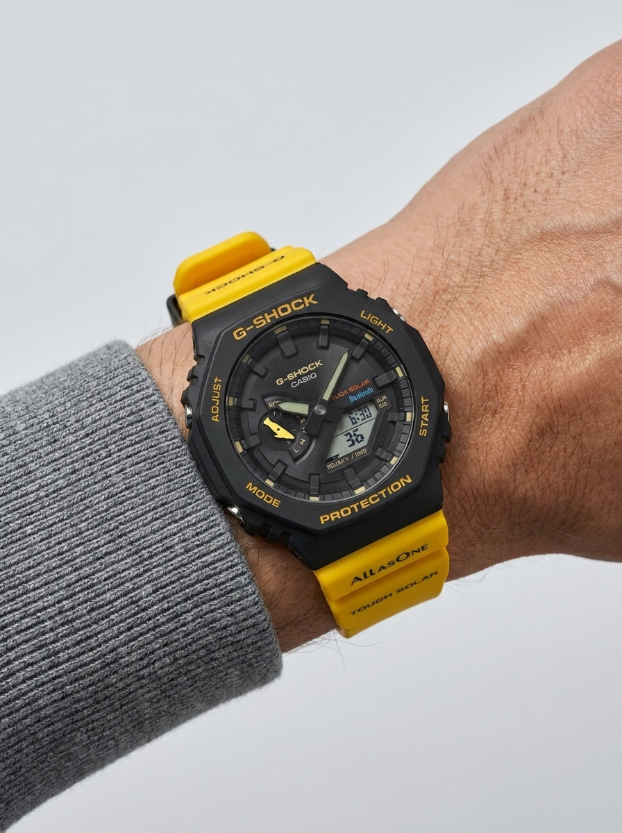 Casio G-Shock Tough Solar Black Yellow Ana-Digi Men's Watch worn on model wrist Lebanon - ChronoVault