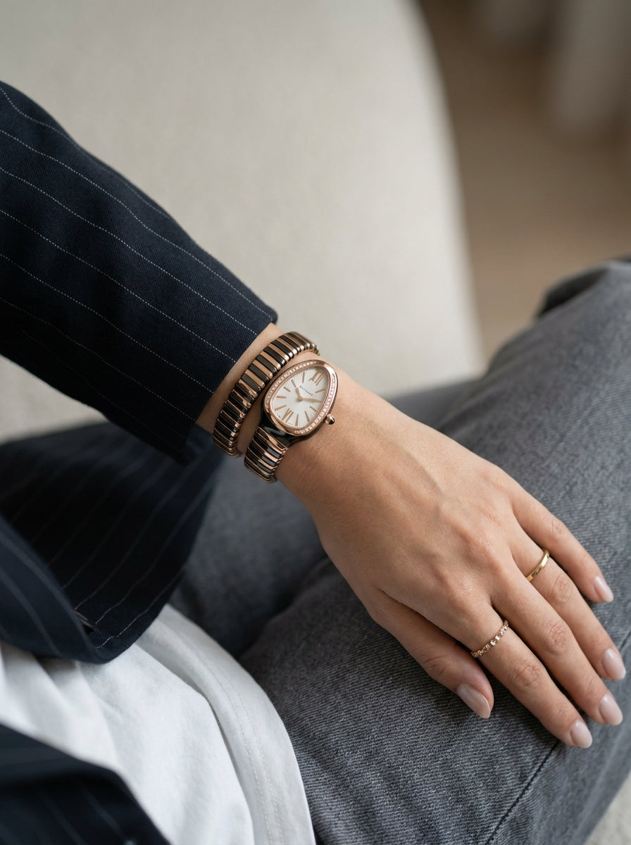 Bvlgari Serpenti Tubogas — Rose Gold Two-Tone White Diamond Women's Watch worn on model wrist Lebanon - ChronoVault