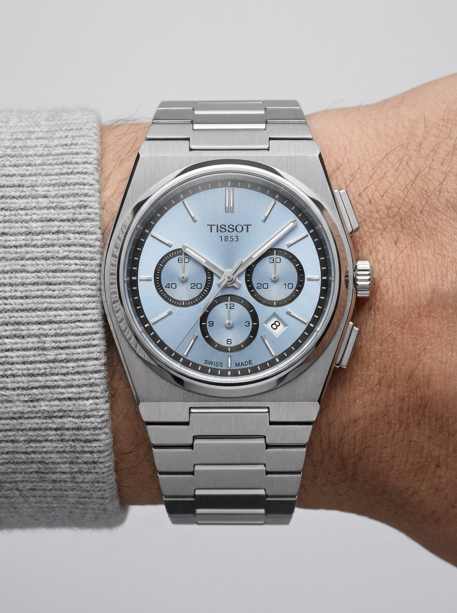 Tissot PRX Chronograph Aqua Blue Dial Men's Watch worn on model - Lebanon | ChronoVault
