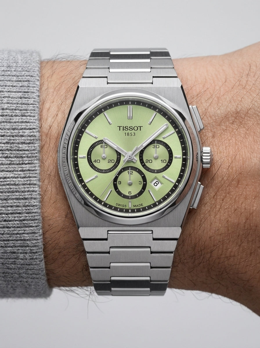Tissot PRX Chronograph Mint Silver Dial Men's Watch worn on model - Lebanon | ChronoVault