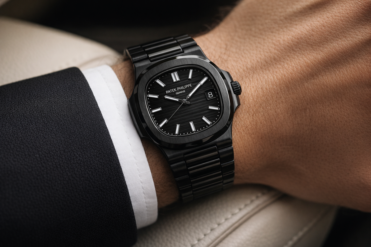 Patek Philippe Nautilus-Style men's watch on wrist Lebanon - full black case and bracelet, black embossed dial, worn with a black suit and white cuff