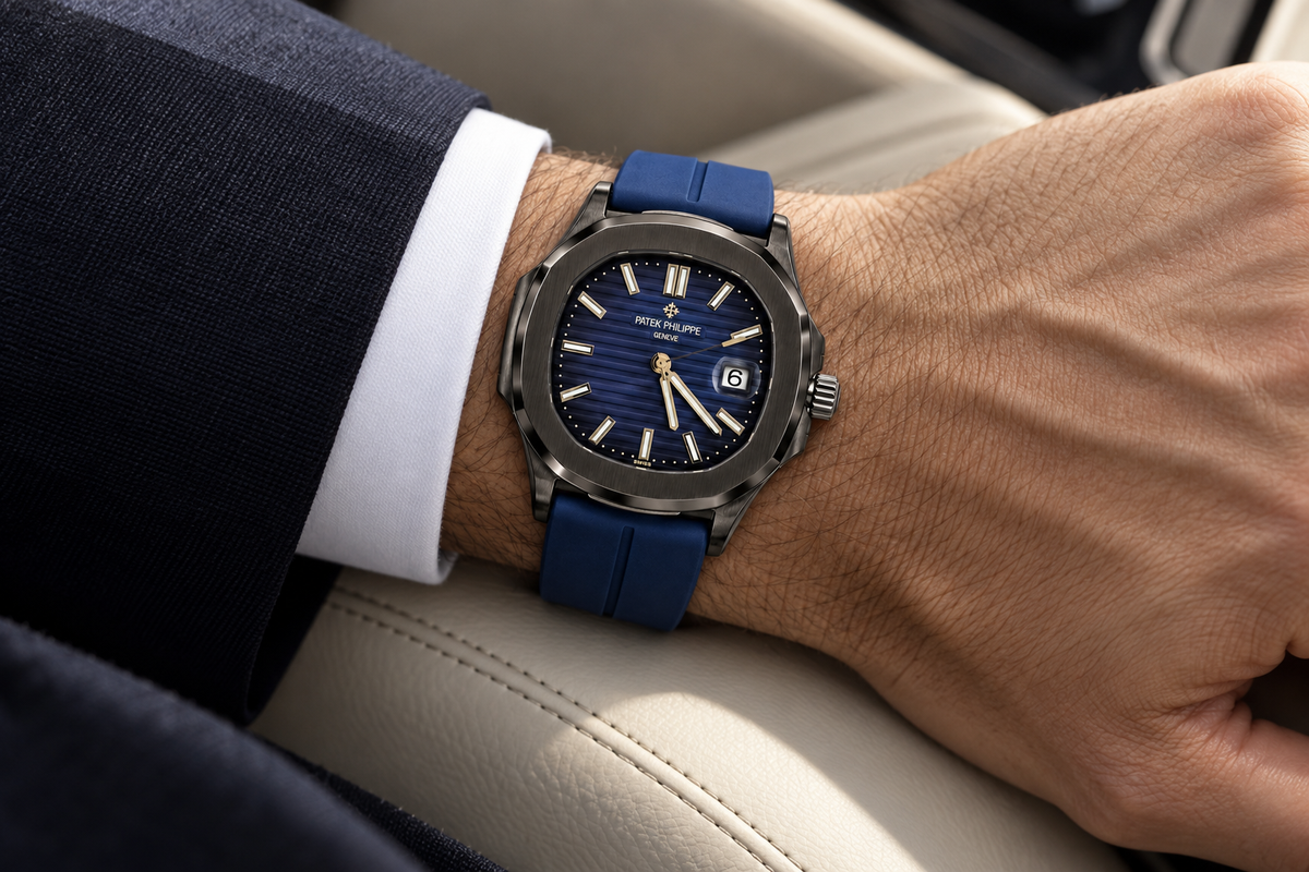 Patek Philippe Nautilus-Style men's watch on wrist Lebanon - black case, blue embossed dial with gold accents, blue rubber strap, worn with a navy suit and white cuff