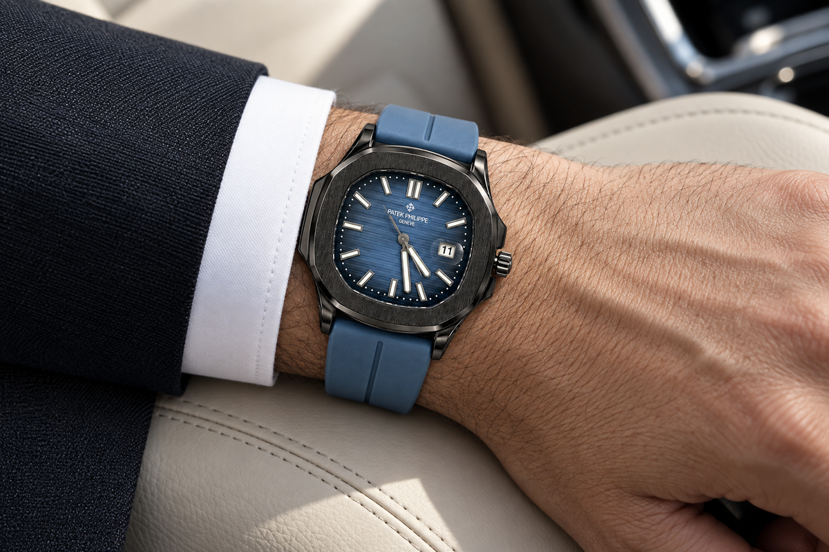 Patek Philippe Nautilus-Style men's watch on wrist Lebanon - black case, blue embossed dial, light-blue rubber strap, worn with a navy suit and white cuff