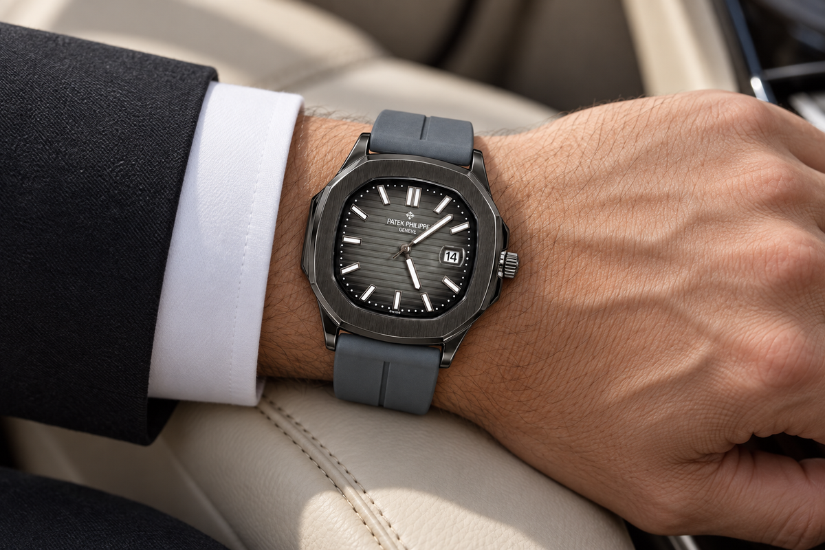 Patek Philippe Nautilus-Style men's watch on wrist Lebanon - black case, grey embossed dial, grey rubber strap, worn with a black suit and white cuff