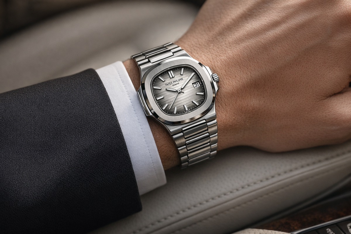 Patek Philippe Nautilus-Style men's watch on wrist Lebanon - steel case, silver-grey embossed dial, integrated steel bracelet, worn with a black suit and white cuff