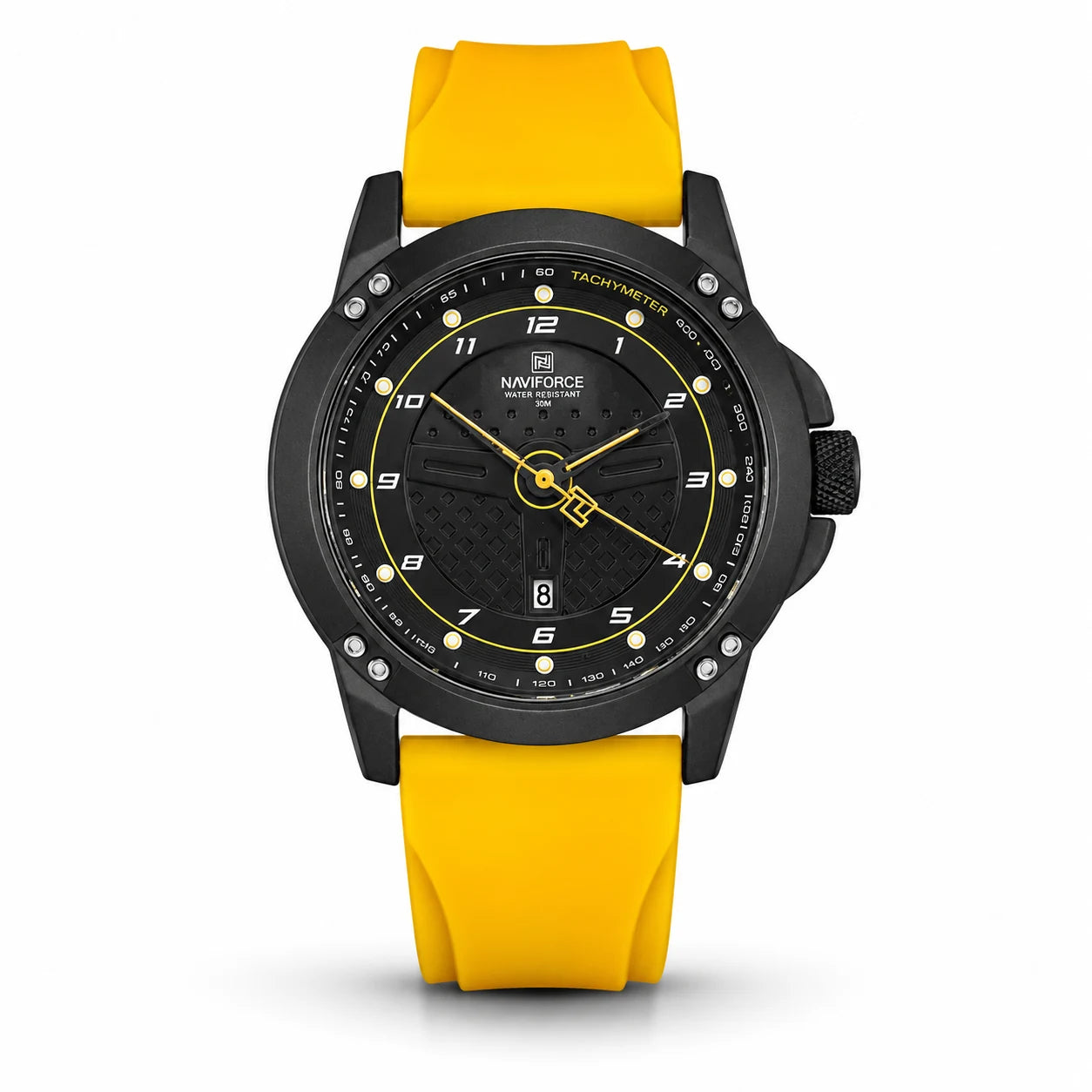 Naviforce Sport Watch Black Case Yellow Rubber Strap Men Watch Front View Lebanon - ChronoVault
