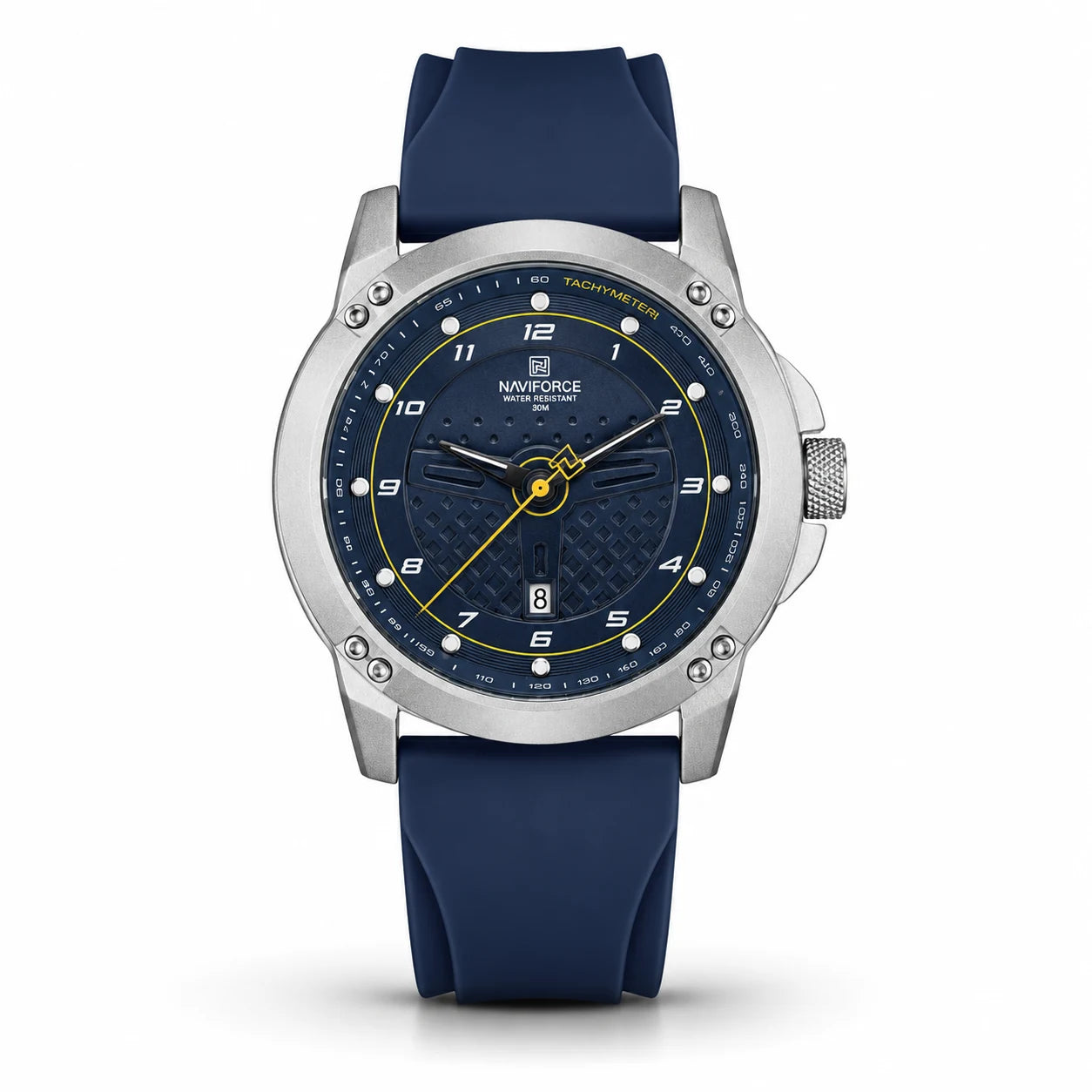 Naviforce Sport Watch Silver Case Navy Blue Rubber Strap Men Watch Front View Lebanon - ChronoVault