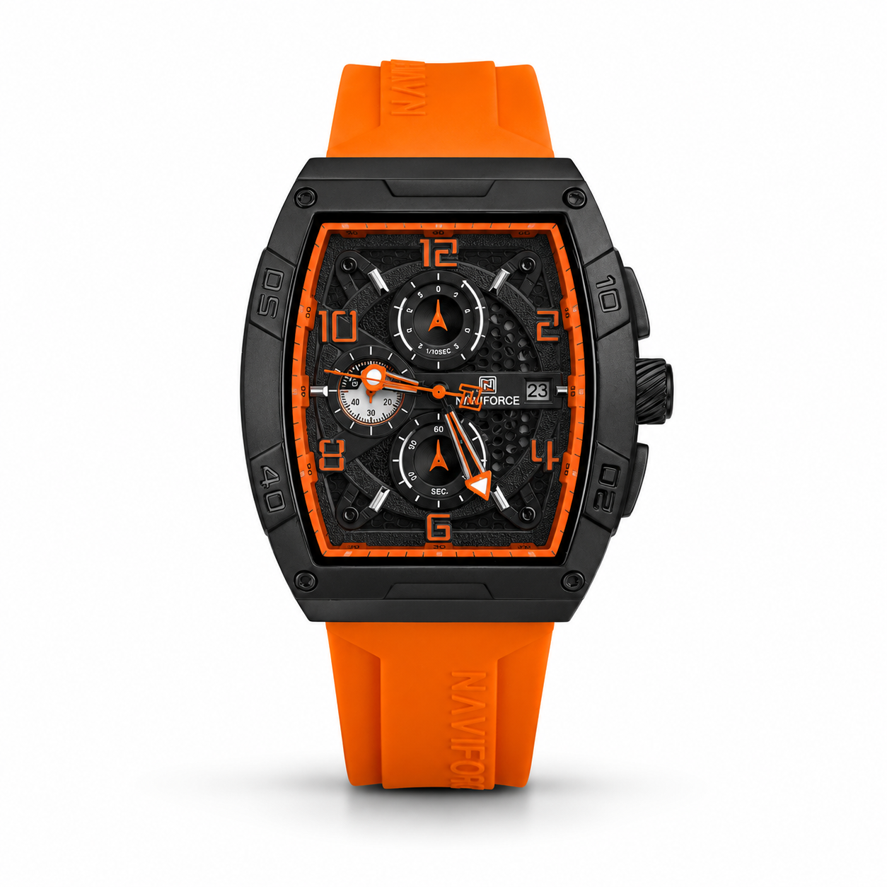 Naviforce Tonneau Chronograph Black Case Orange Rubber Strap Men Watch Front View Lebanon - ChronoVault