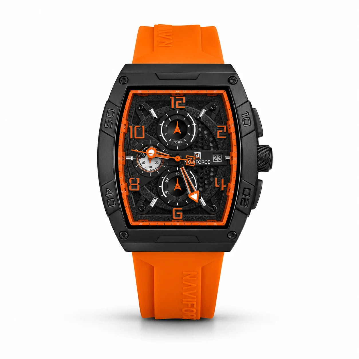 Naviforce Tonneau Chronograph Black Case Orange Rubber Strap Men Watch Front View Lebanon - ChronoVault