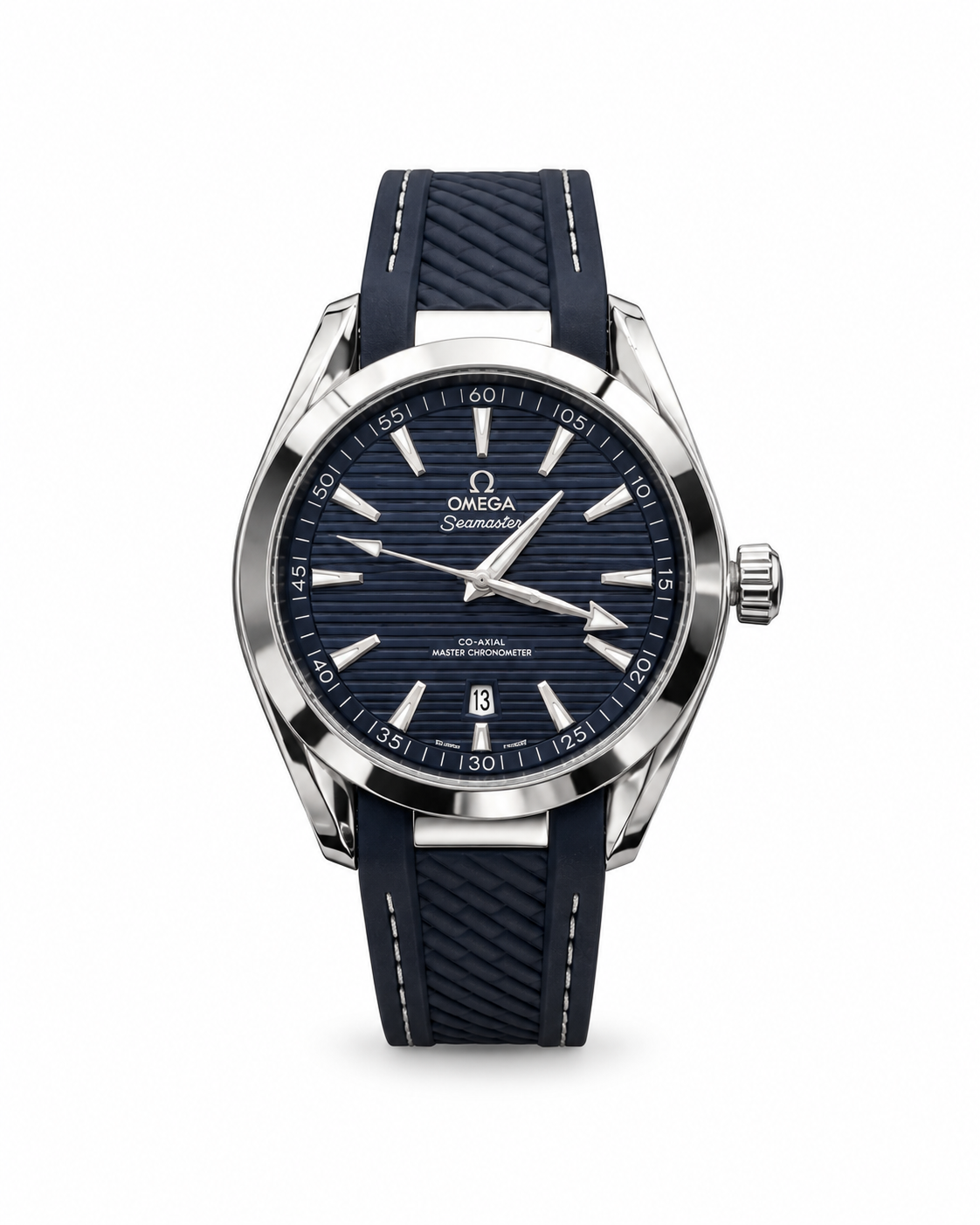 Omega Seamaster Aqua Terra men's watch Lebanon - steel case, blue horizontal teak dial, date window, open caseback, blue rubber strap