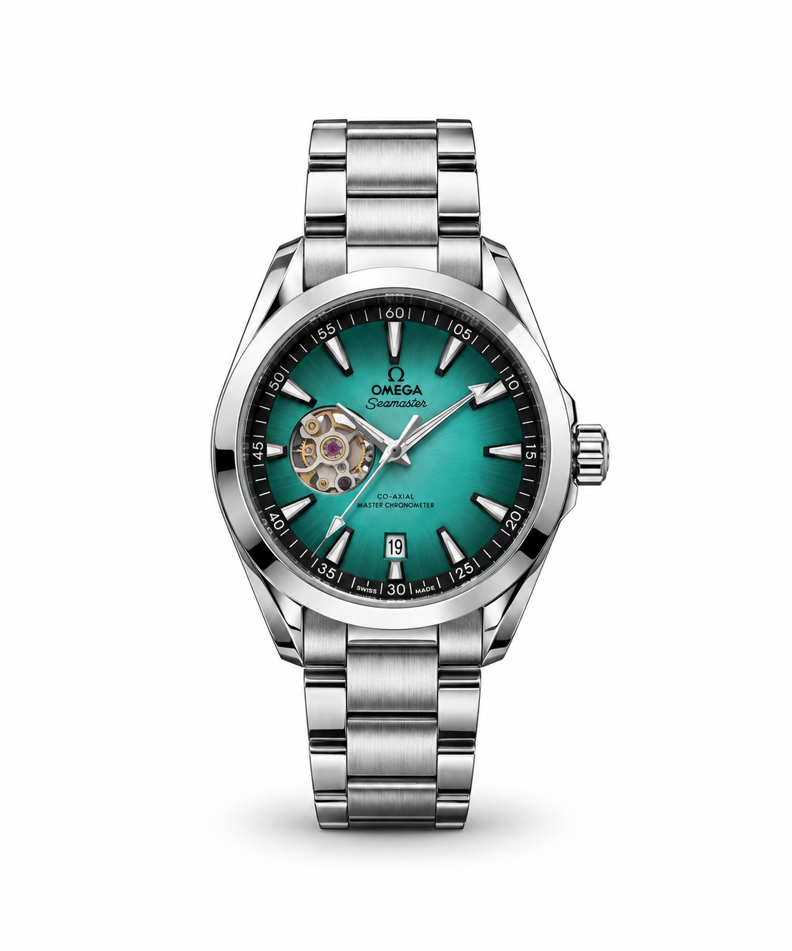 Omega Seamaster Aqua Terra men's watch Lebanon - polished steel case, green sunburst dial with open-heart window, date window, steel bracelet