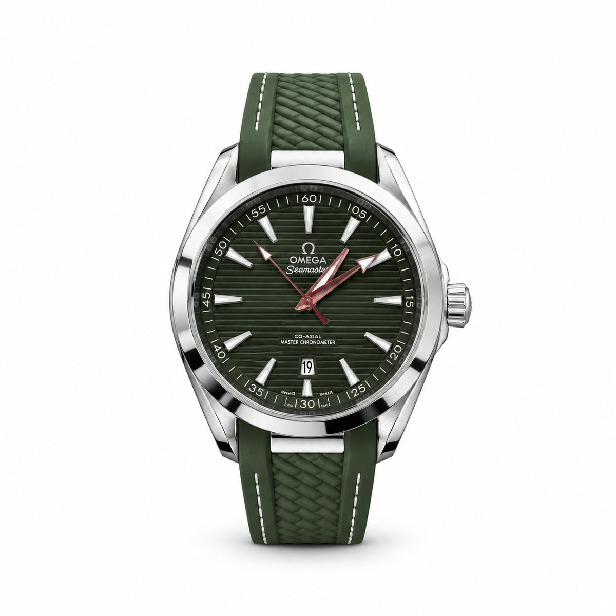 Omega Seamaster Aqua Terra men's watch Lebanon - steel case, green horizontal teak dial, rose-gold hands, date window, open caseback, green rubber strap