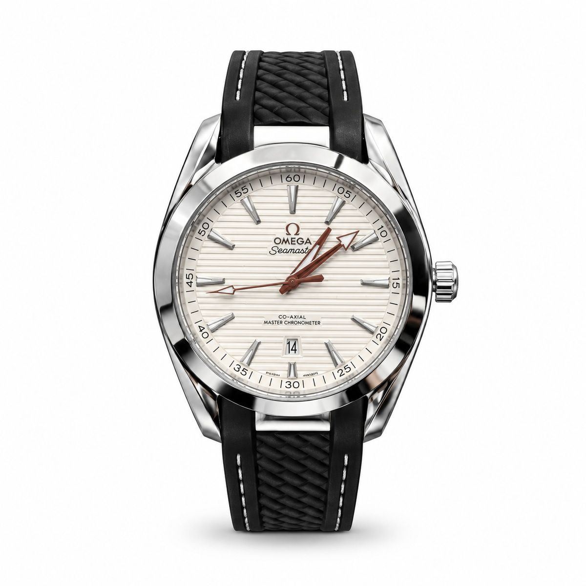 Omega Seamaster Aqua Terra men's watch Lebanon - steel case, silver horizontal teak dial, rose-gold hands, date window, open caseback, black rubber strap