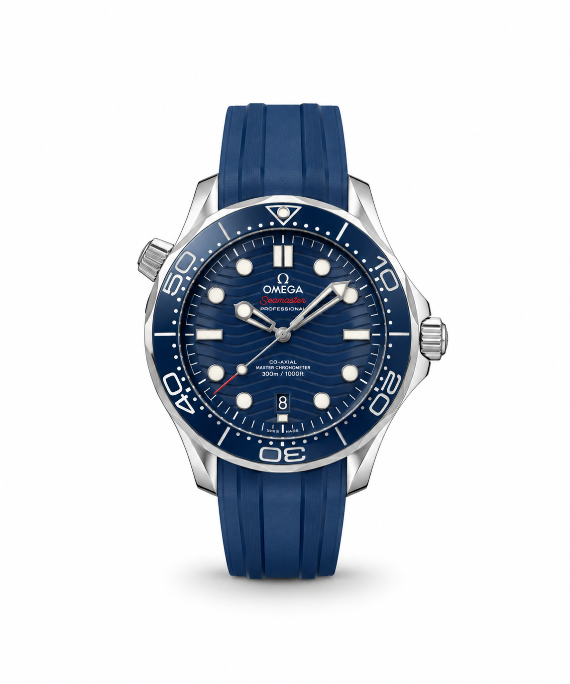Omega Seamaster Diver 300M men's watch Lebanon - steel case, blue wave-pattern dial with luminous markers, blue ceramic diver's bezel, date window, blue rubber strap