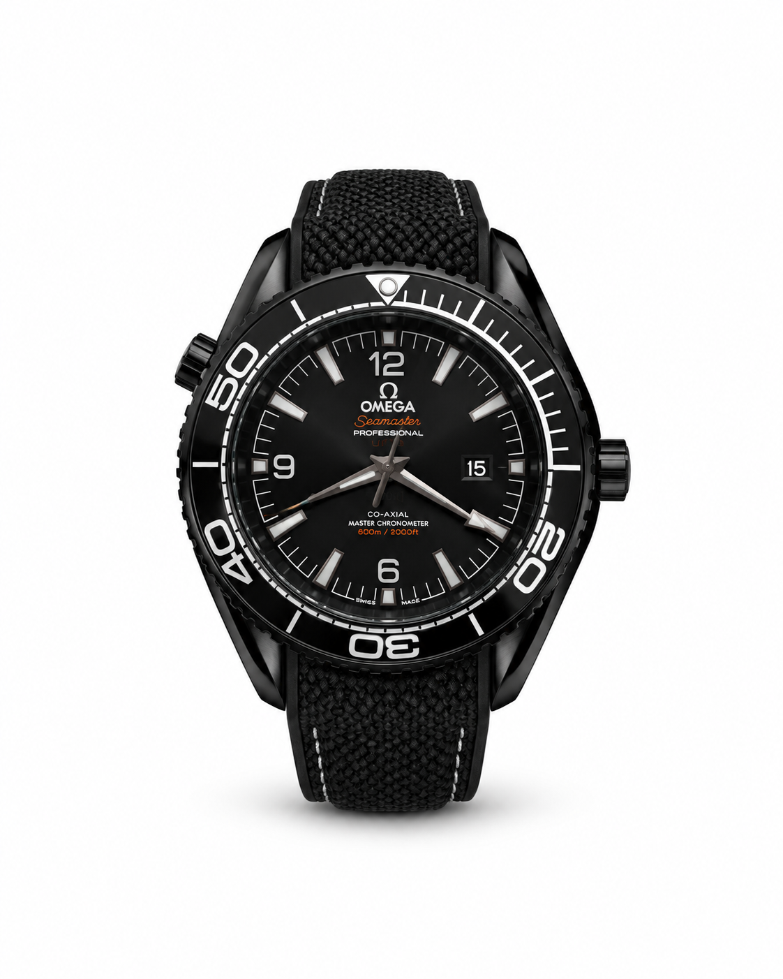 Omega Seamaster Planet Ocean 600M men's watch Lebanon - black ceramic case, black dial with luminous markers, black ceramic diver's bezel, black fabric strap with contrast stitching