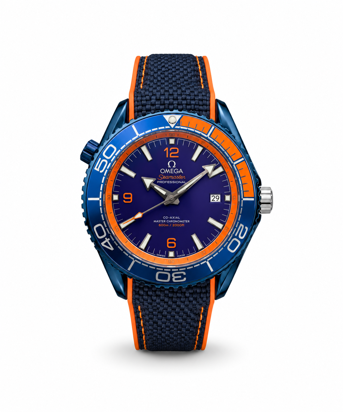 Omega Seamaster Planet Ocean 600M men's watch Lebanon - blue ceramic case, blue dial with orange accents, blue and orange ceramic diver's bezel, blue fabric strap with orange trim