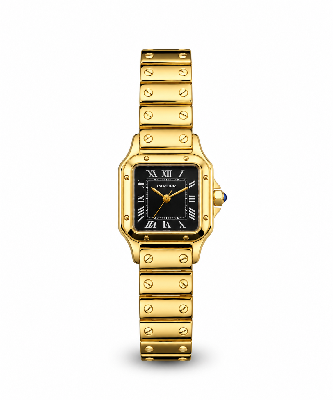 Panthère de Cartier women's watch Lebanon - gold square case with screw-set bezel, black Roman numeral dial with gold hands, gold screw-link bracelet