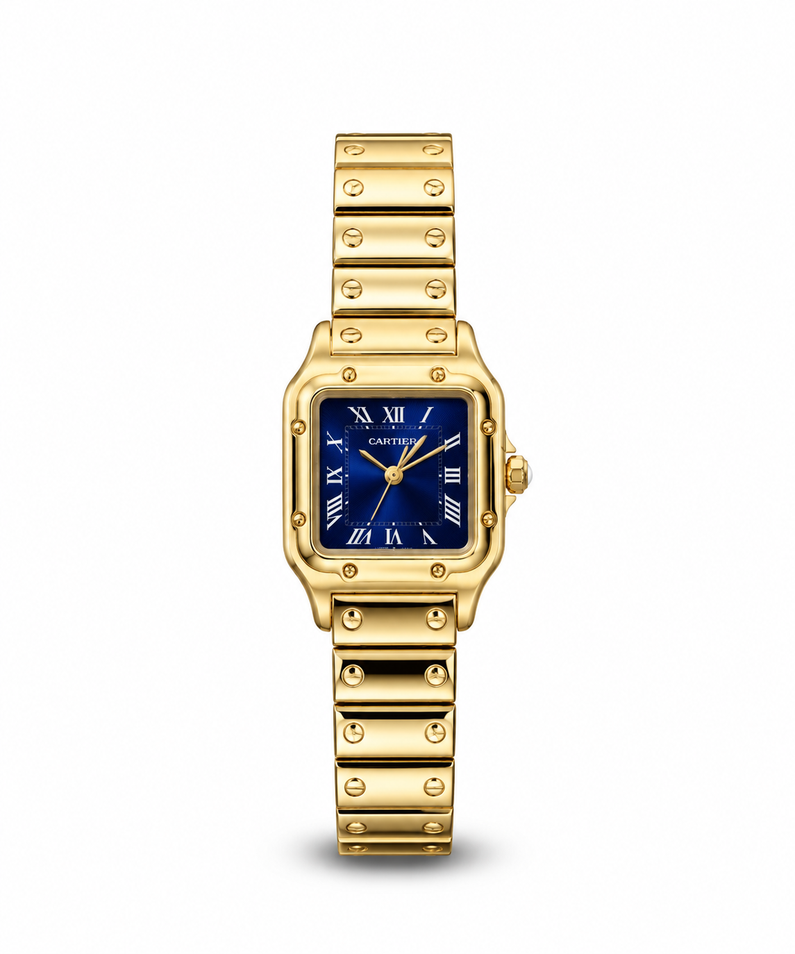 Panthère de Cartier women's watch Lebanon - gold square case with screw-set bezel, blue sunray Roman numeral dial with gold hands, gold screw-link bracelet