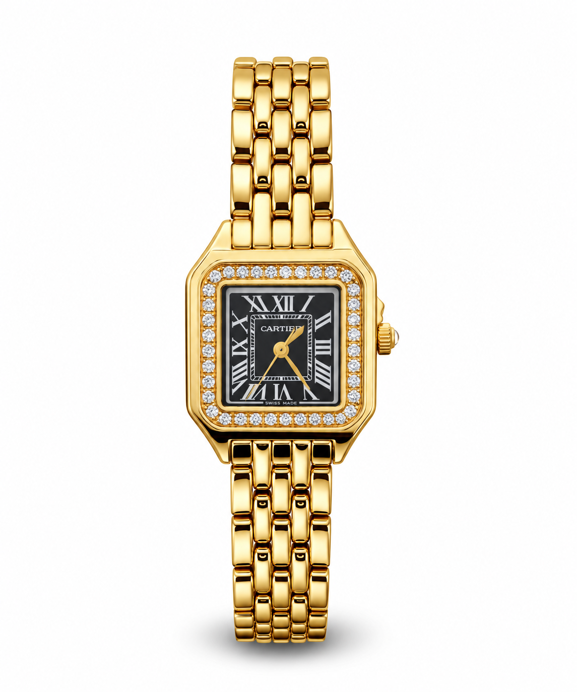 Panthère de Cartier mini 25mm women's watch Lebanon - gold square case with diamond bezel, black Roman numeral dial, gold Panthère link bracelet