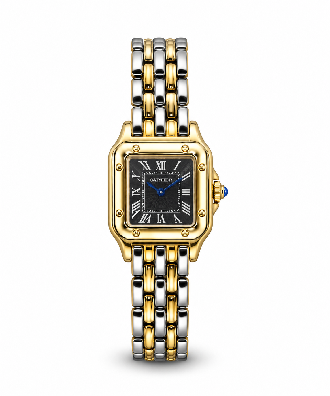 Panthère de Cartier women's watch Lebanon - gold square case, black Roman numeral dial with blue hands, two-tone steel and gold Panthère link bracelet