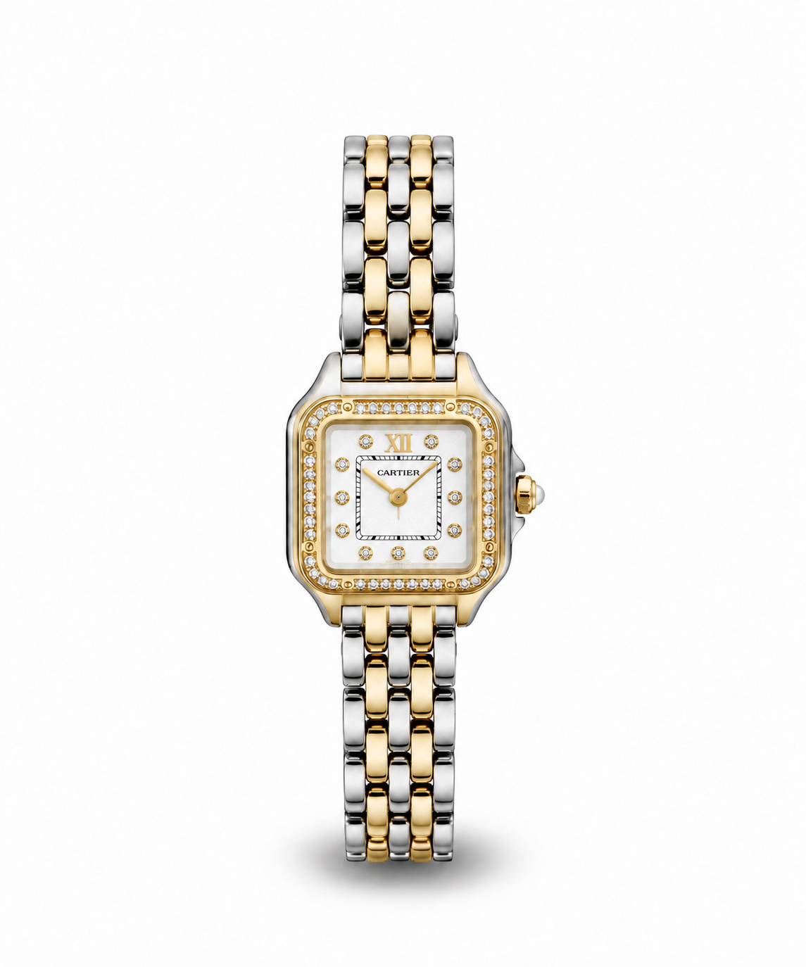 Panthère de Cartier women's watch Lebanon - two-tone steel and gold square case with diamond bezel, white dial with diamond markers, two-tone Panthère link bracelet