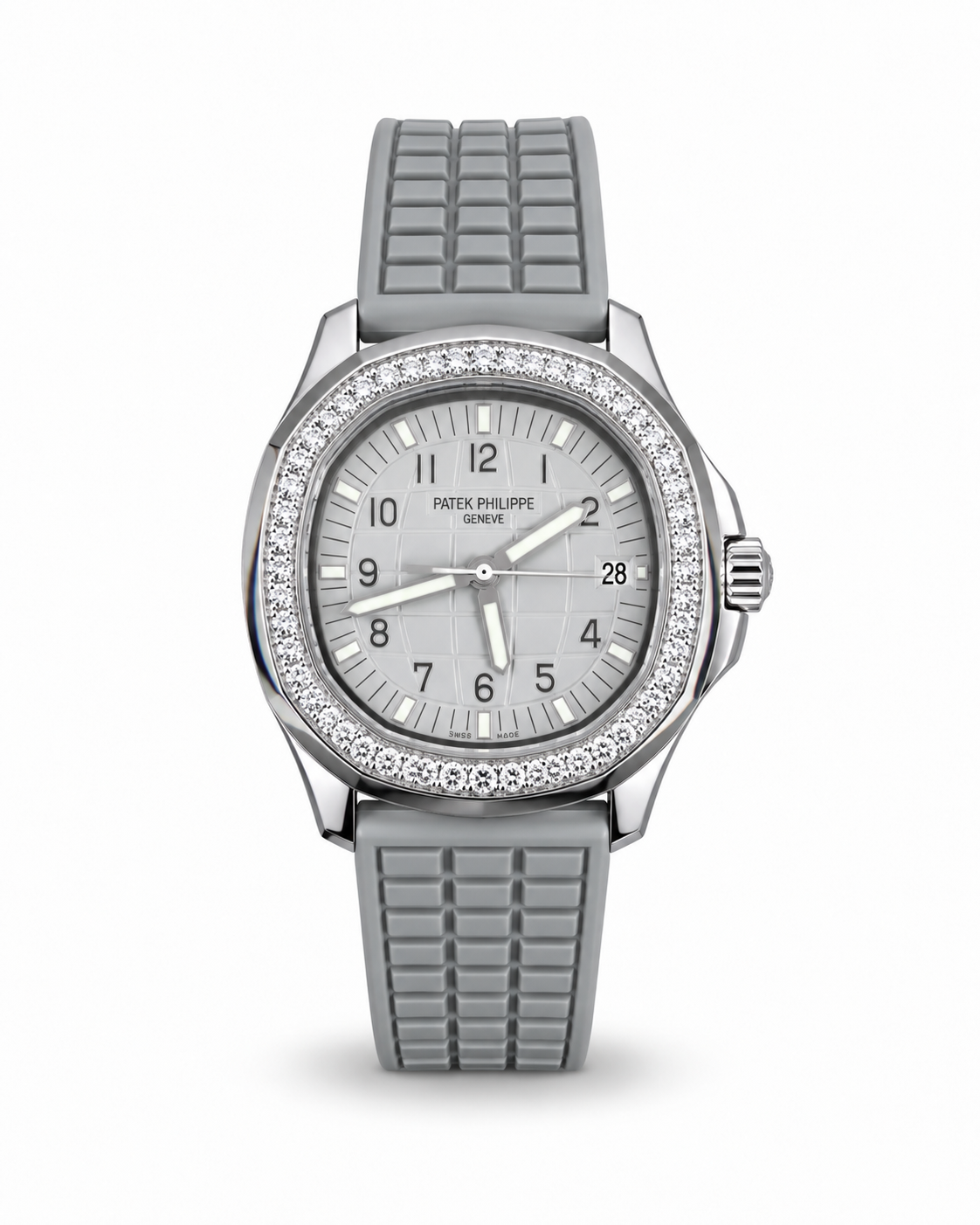 Patek Philippe Aquanaut Luce women's watch Lebanon - steel rounded-octagonal case, diamond bezel, gray embossed dial with Arabic numerals, gray rubber strap